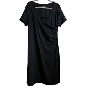 Soft Surroundings Black Midi Dress V-Neck Stretchy Cotton Faux Wrap Ruched Side
